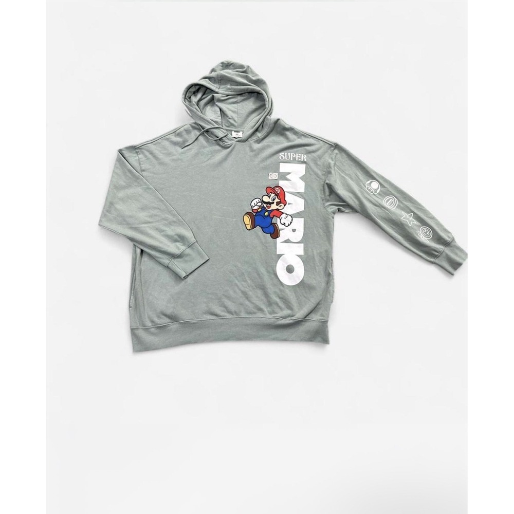 Super Mario Men's Pullover Hoodie 2XL Gray Fleece Graphic Logo Hood Pockets
